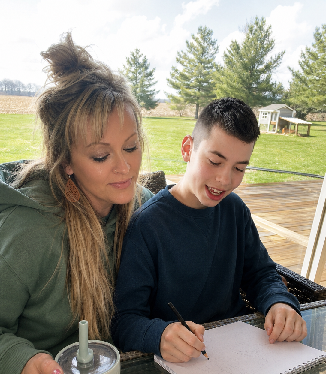 Erin sitting with her son on the back porch while he draws, coop and pasture behind them