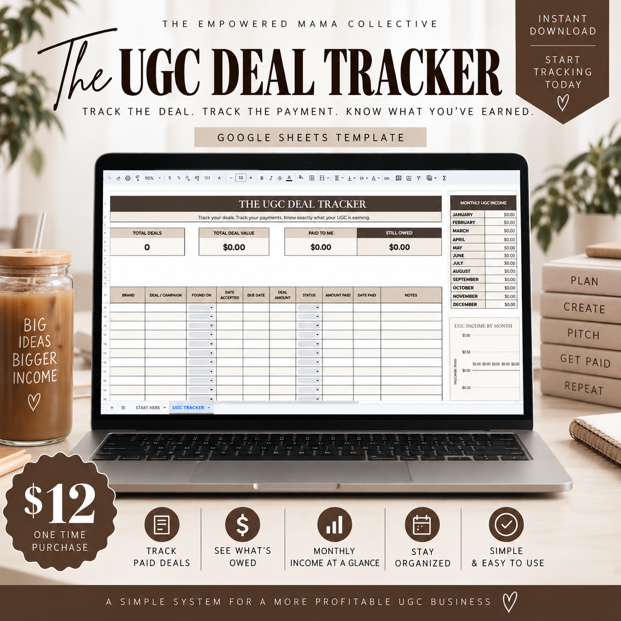 The UGC Deal Tracker Google Sheets template shown on a laptop