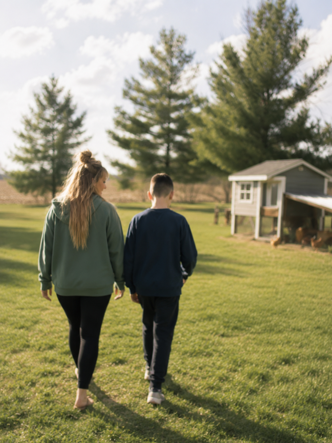 Erin and her son walking together toward the chicken coop