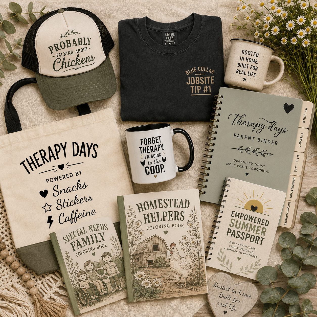 The Empowered Mama Mercantile — flat-lay of printables, mugs, tees, and coloring books