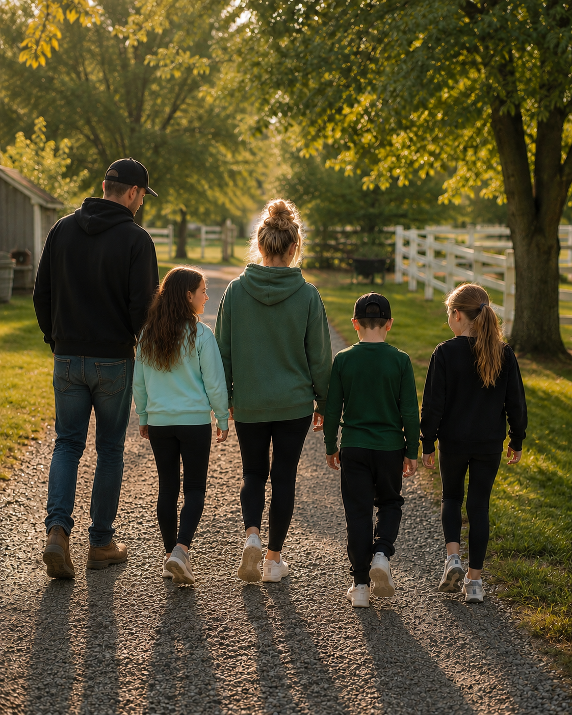 Erin walking down a country lane with her family in the golden hour light