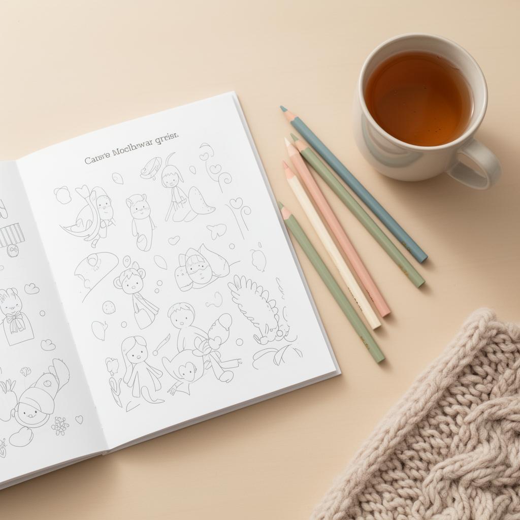 An open coloring book with pastel pencils and a warm mug on a soft surface