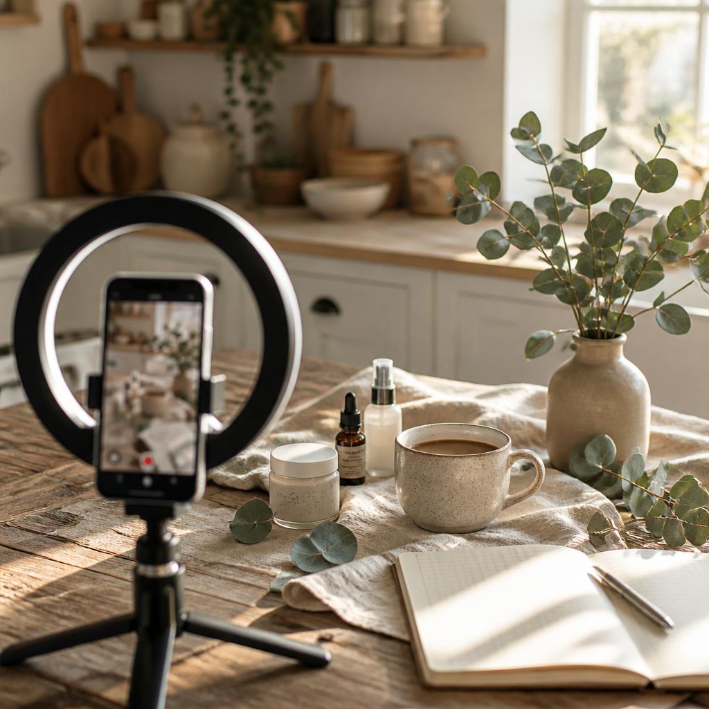 A phone on a tripod filming content on a sunlit farmhouse kitchen table