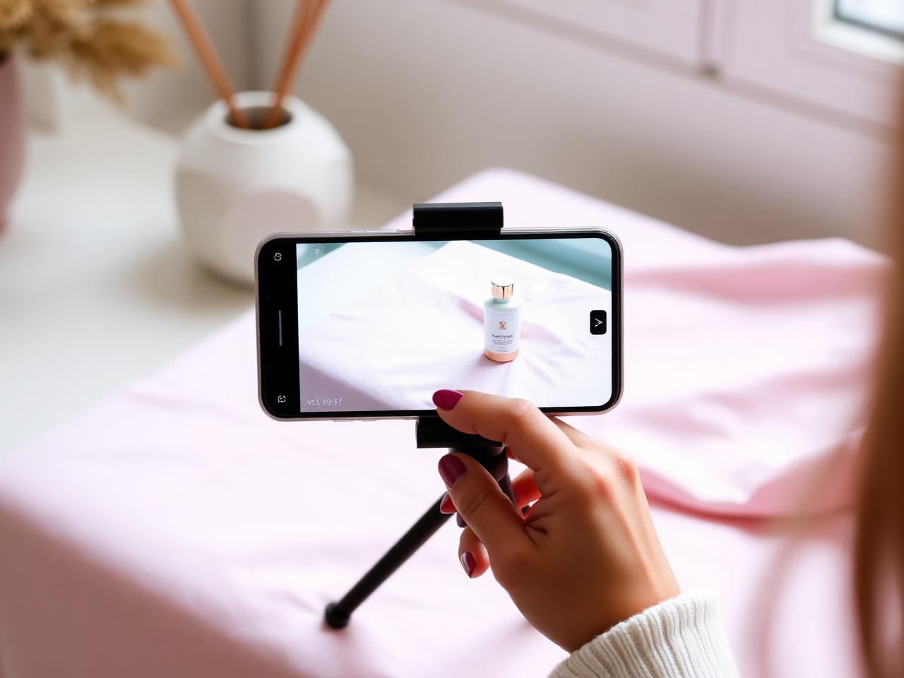 Phone on a tripod filming a product on a soft pink surface